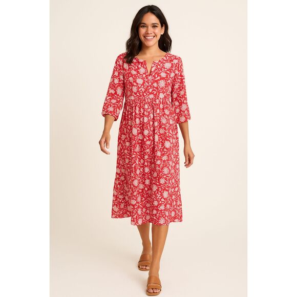 Red White Floral Roomy Thin Comfy Summer Dress Size Large - Picture 1 of 11